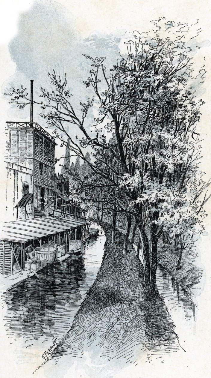 Utsikt over de to Bievre-elvene fra Boulevard d'Italie, Paris Tegning av Gustave Fraipont (1849-1923) henter fra "La seine a travers Paris" av Saint-Juirs av Gustave Fraipont