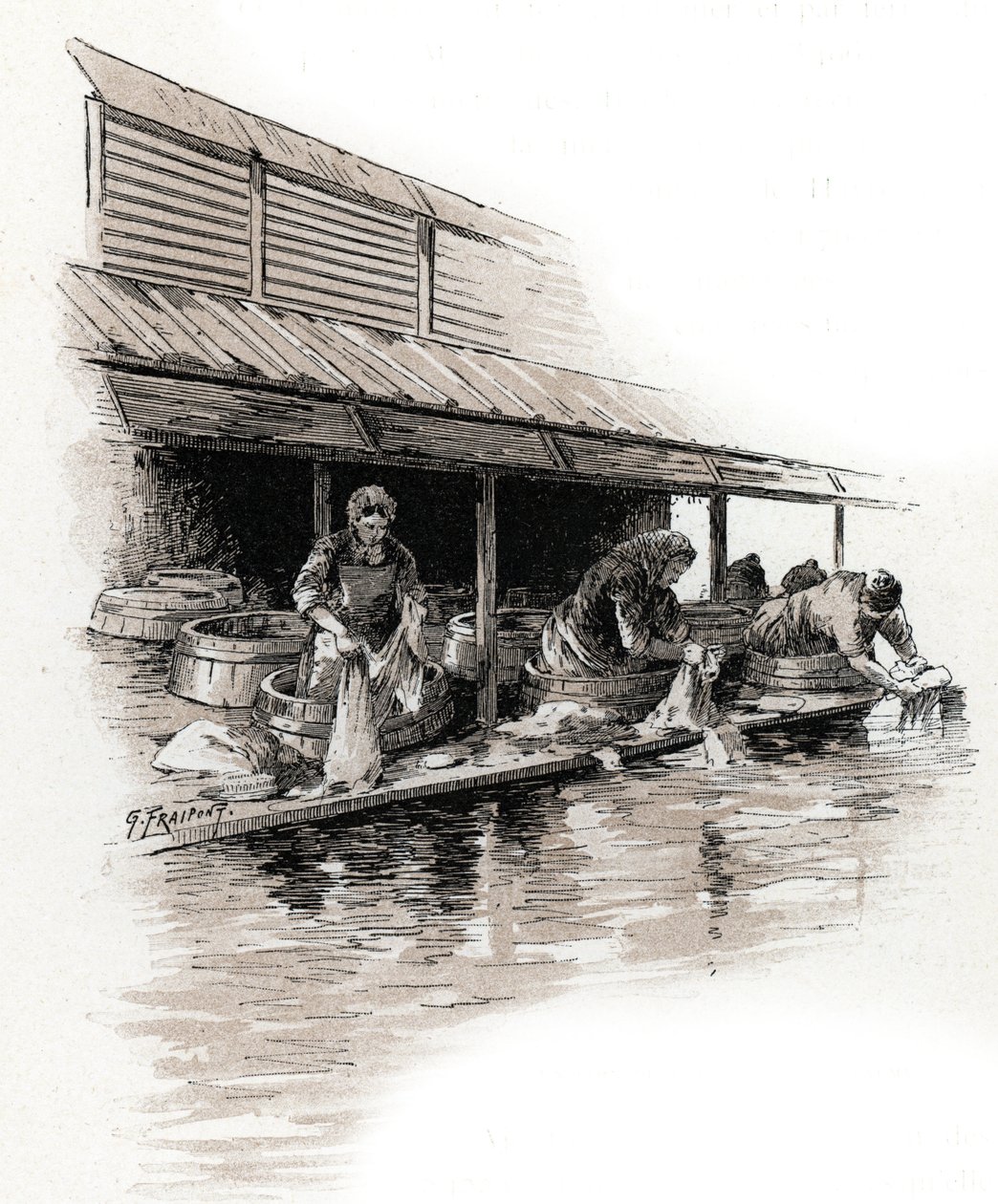 Vaskekvinner på quai de Valmy, Canal Saint-Martin banks, paris Tegning av Gustave Fraipont (1849-1923) henter fra «La seine a travers Paris» av Saint-Juirs av Gustave Fraipont