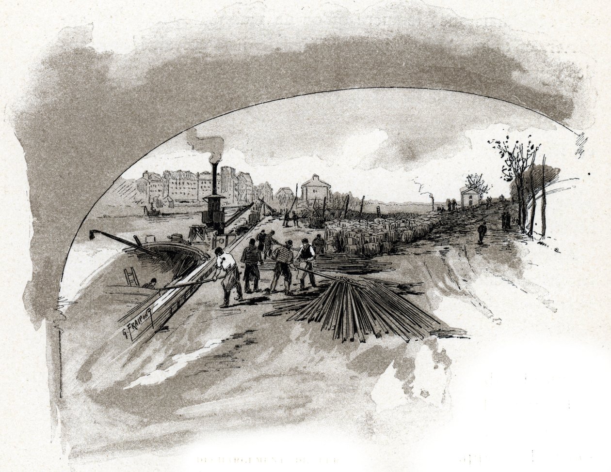 dechargement du fer sur le quai saint Bernard a Paris (Jernbokker sluppet ut av havnearbeiderne på elvebredden på noten ved quai Saint-Bernard i paris) Tegning av Gustave Fraipont (1849-1923) henter fra «La seine a travers Paris» av Saint-Juirs av Gustave Fraipont
