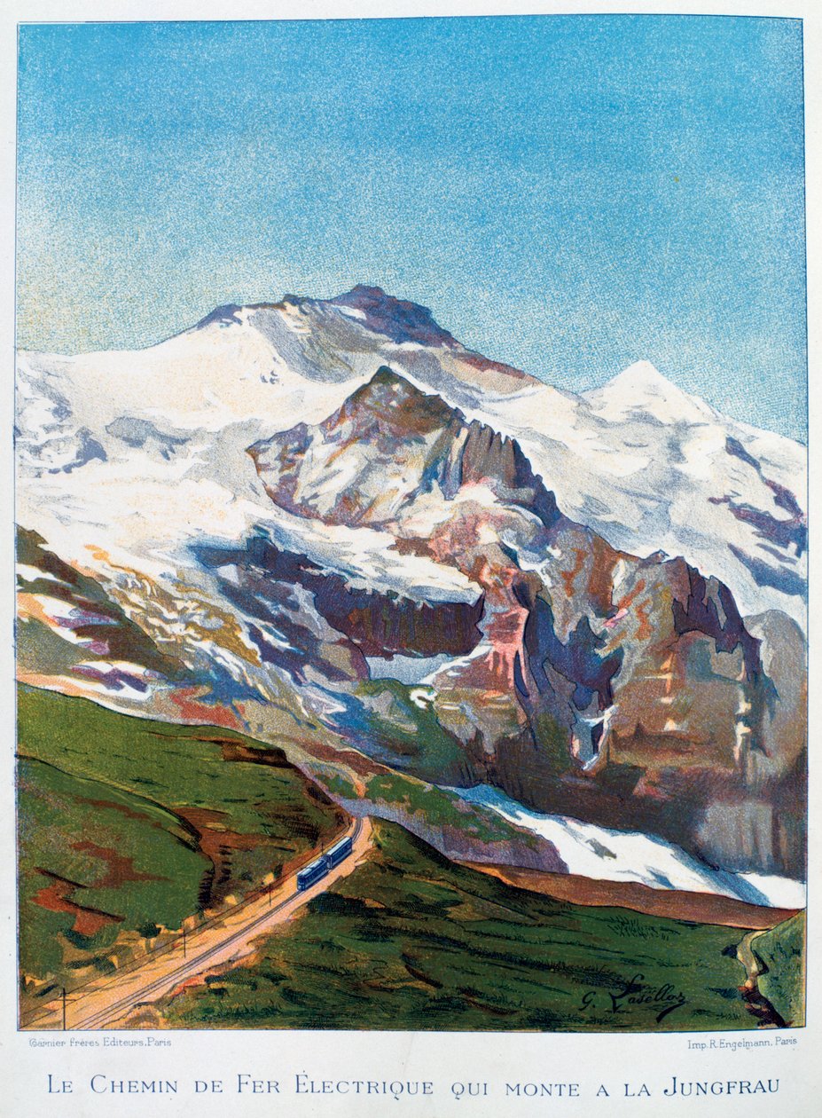 Den elektriske jernbanen til Mount Jungfrau, sveitsiske alper, 1800-tallet av Gustave Francois Lasellaz
