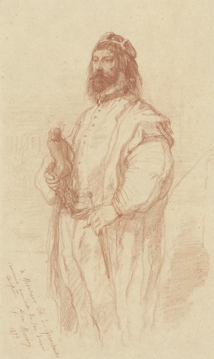 Stående mann med statue av Gustave François Morin