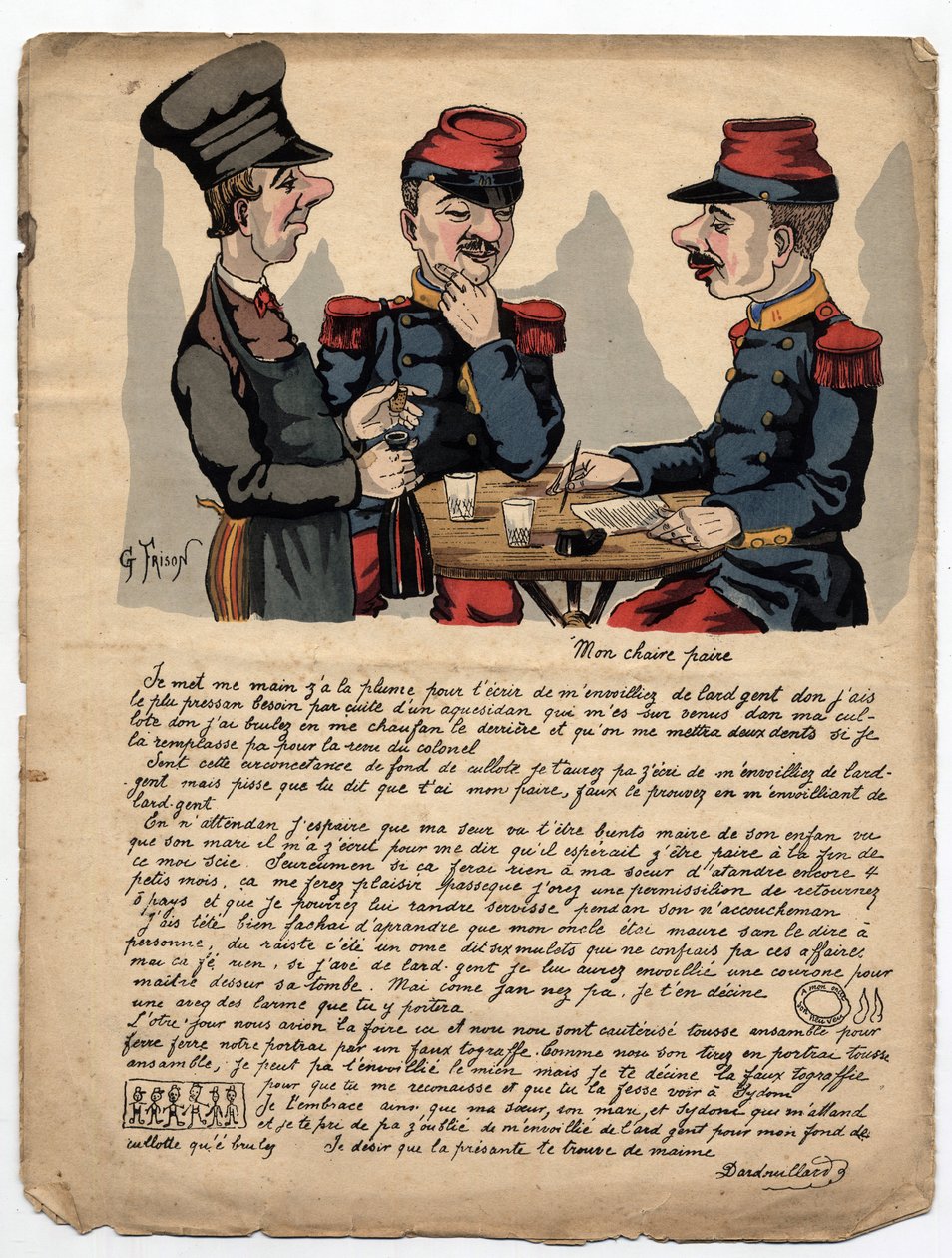 Et absurd brev fra en soldat skrevet til faren, med stavefeil og grammatikkfeil, om penger og familie. Tegning av Gustave Frison i "The Pleasant World" Ukentlig, komisk og satisk tidsskrift fra 1880. av Gustave Frison