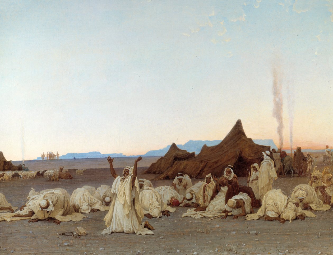 Kveldsbønn i Sahara-ørkenen Detalj av Tuareg-leiren. Maleri av Gustave Achille Guillaumet (1840-1887) 1863 Søn. 1,3x2,8 m. Paris, Musee d
