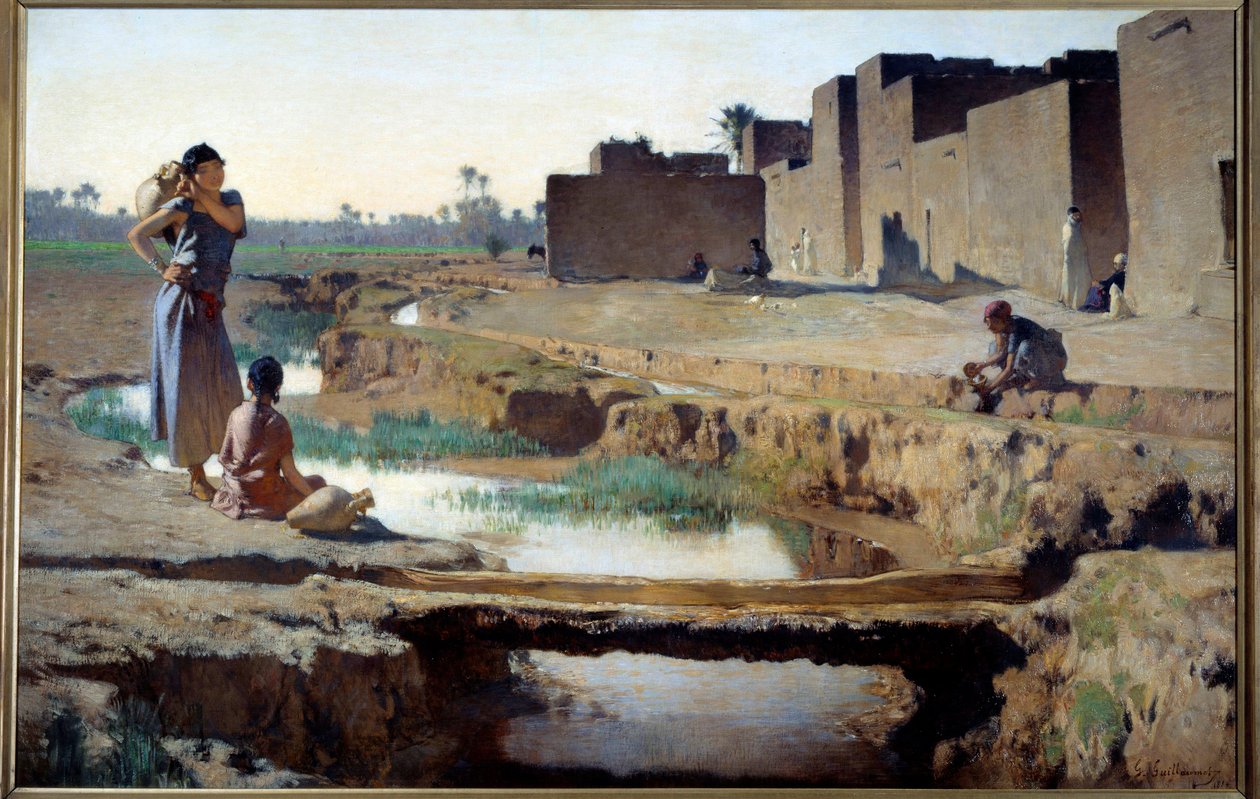 Orientalisme: "" La Seguia nær Biskra""" Kvinne og barn tar vann ved elven i en oase i den algeriske ørkenen. Maleri av Gustave Achille Guillaumet (1840-1887) 1884 Søn. 1x1,5 m Paris, musee d