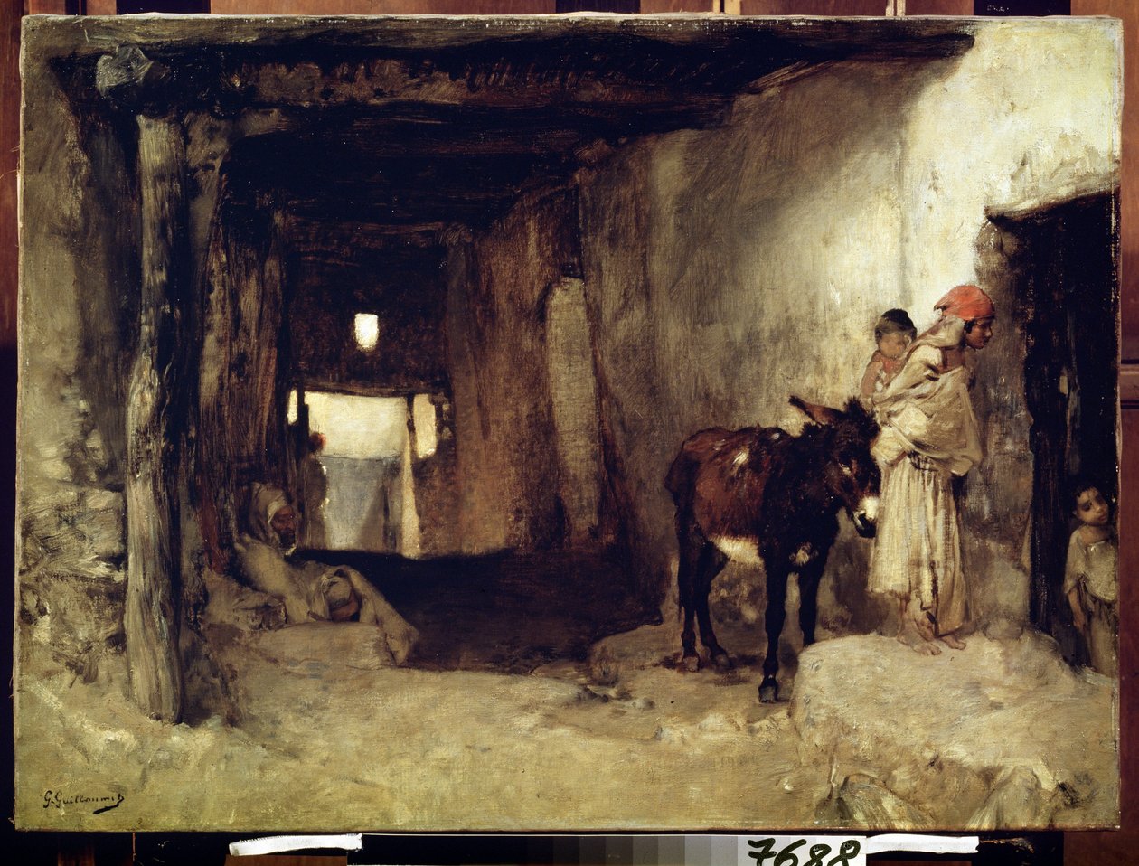 Orientalisme: ""Et hus i Sahara"" (Et hus i Sahara) En kvinne og hennes barn ledsaget av et esel. Maleri av Gustave Guillaumet (1840-1887) rundt 1880 Pushkin-museet, Moskva av Gustave Guillaumet