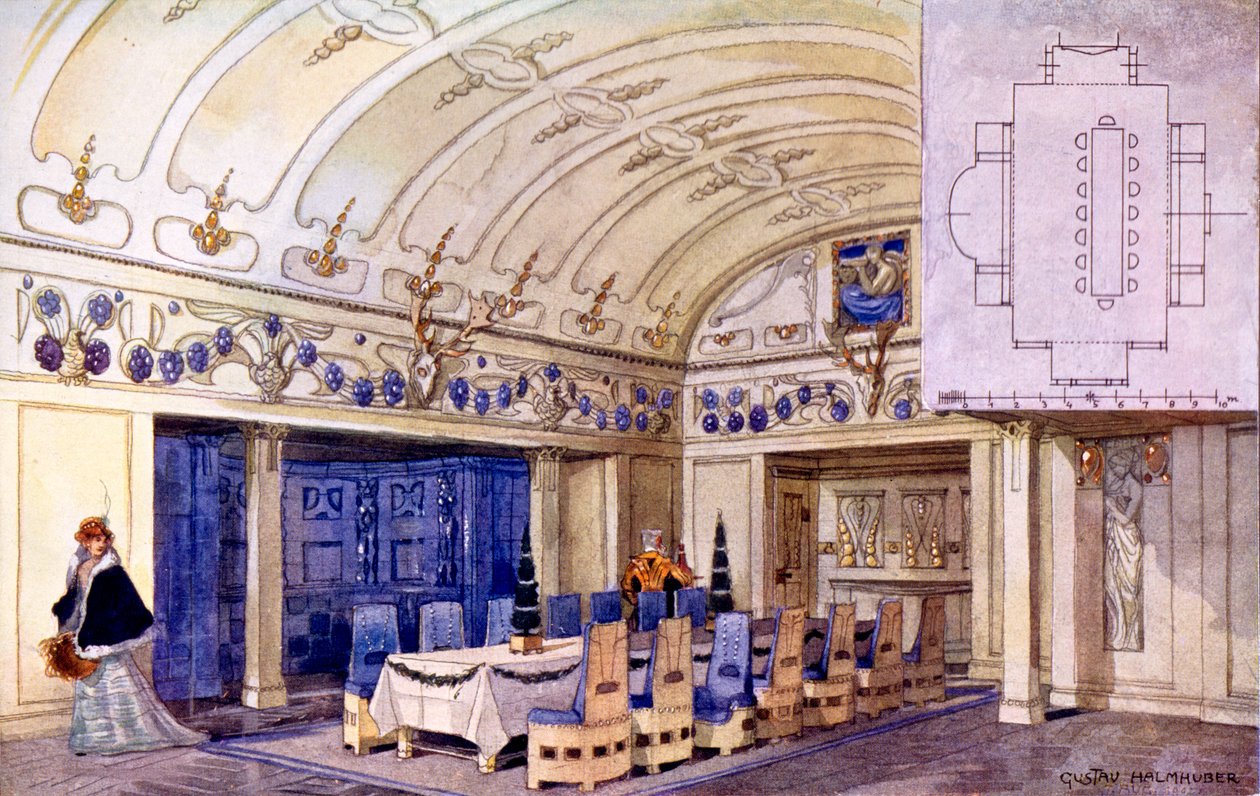 Tysk spisesal, tidlig på 1900-tallet (wc på papir) av Gustave Halmhuber