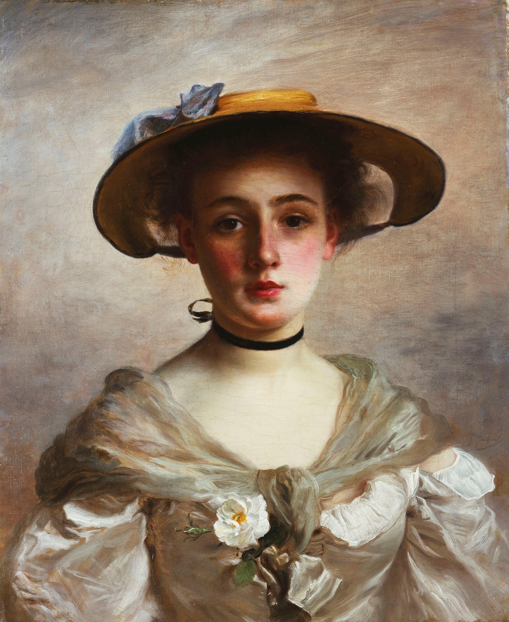 Portrett av en ung jente i en stråhatt, av Gustave Jacquet