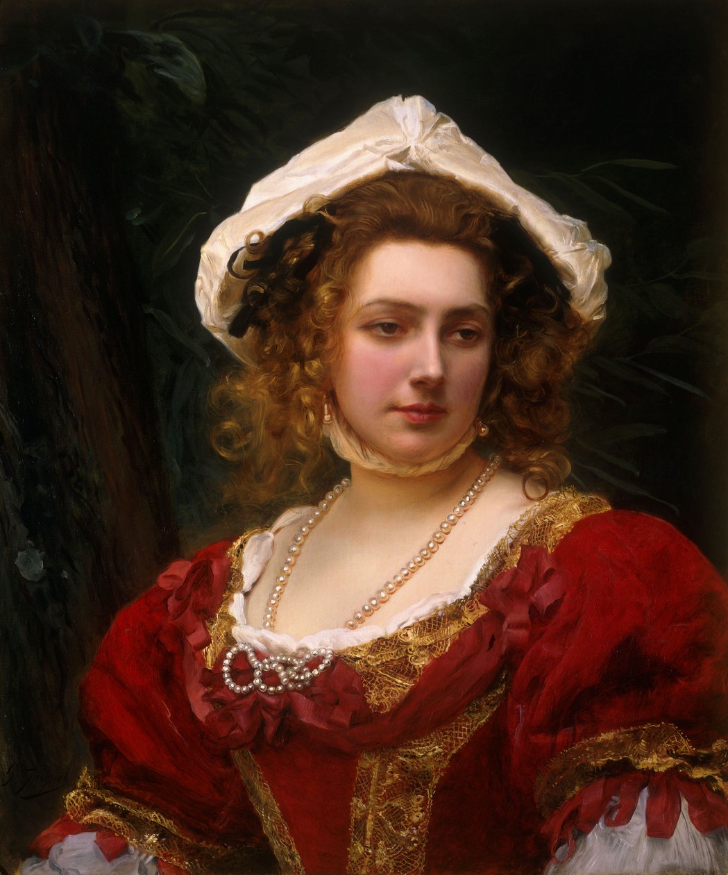 Portrett av en elegant dame i rød fløyelskjole av Gustave Jacquet