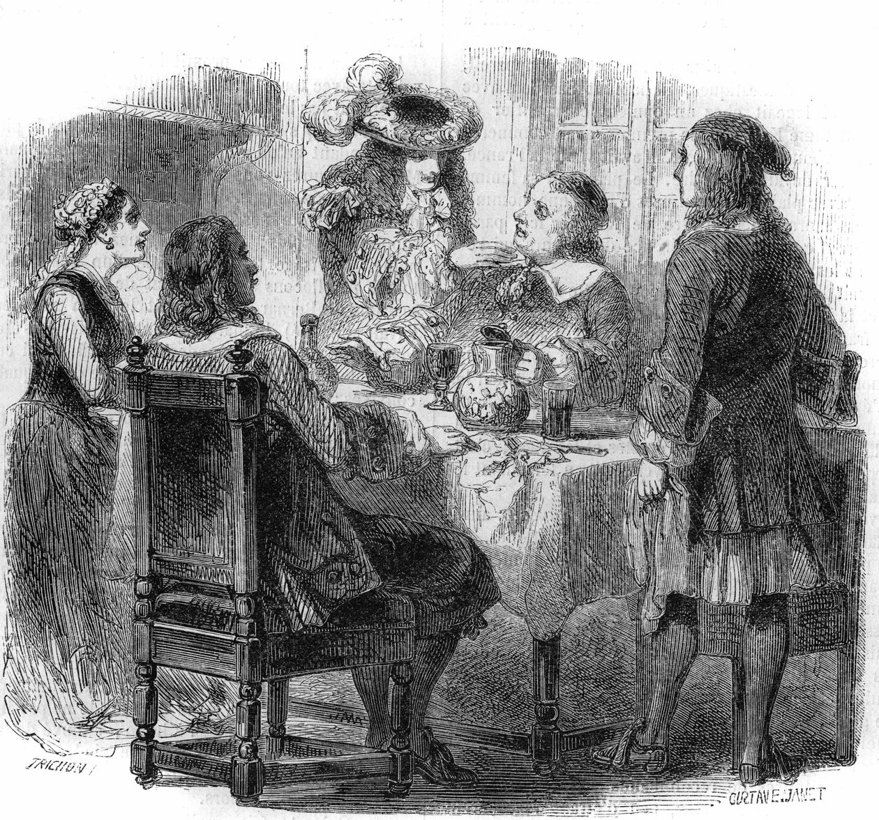 Russian tsar Peter the Great (1672-1725), heberge in France with the Kalf family, observes the discussion between his host and a drunken, the Marquis de Bernardini. Engraving by Gustave Janet av Gustave Janet