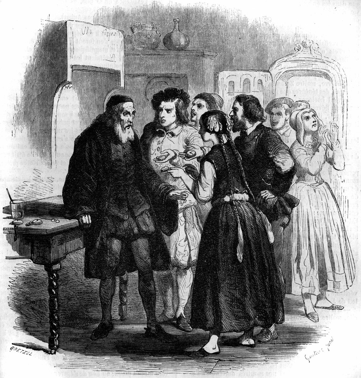 Genève-folket bringer klokkene sine til Zacharius. Illustrasjon av "" Mester Zacharius eller urmakeren som hadde mistet sjelen sin", fantasifortelling av Jules Verne (1828-1905). Gravering av Gustave Janet av Gustave Janet