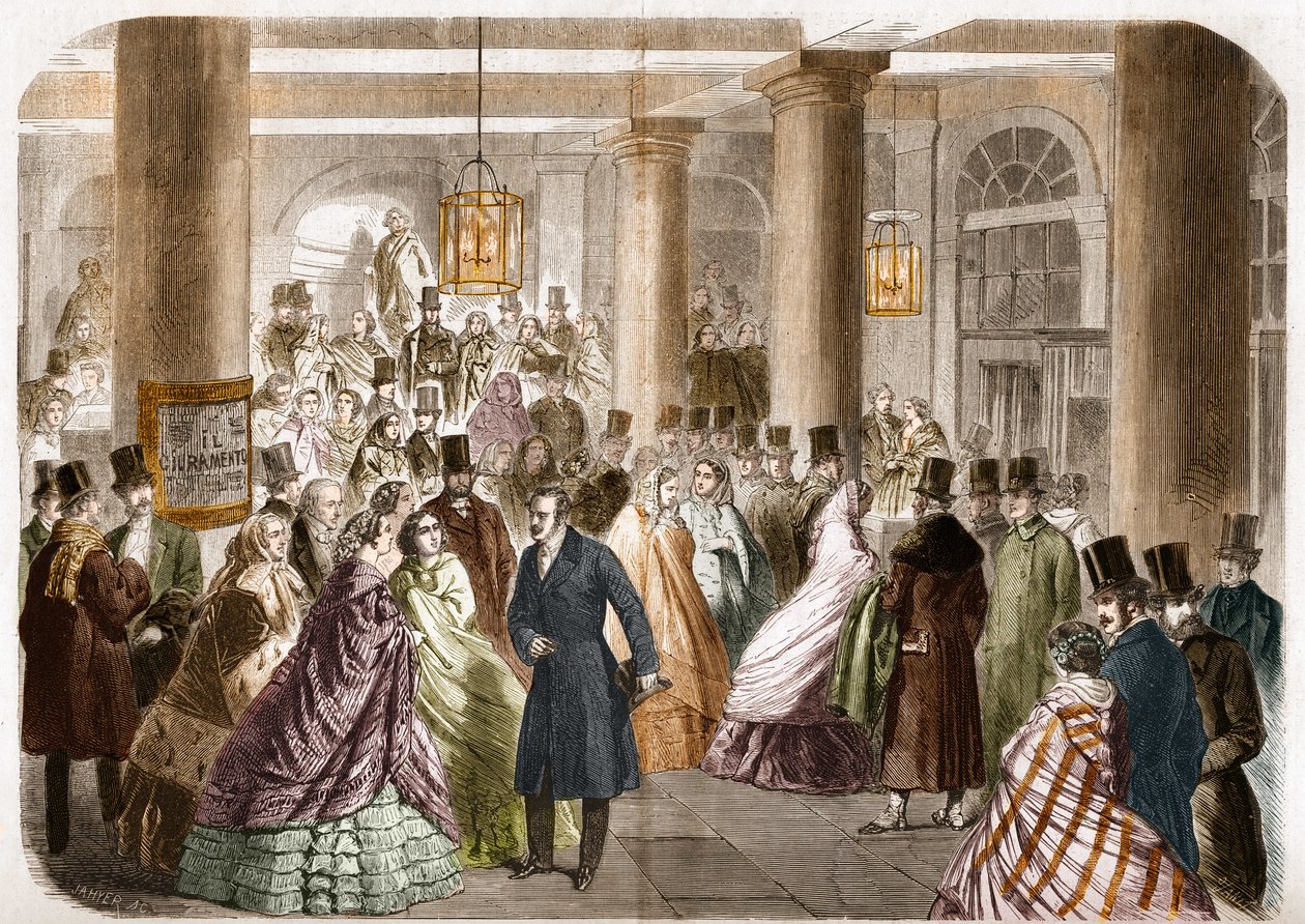 Det italienske teateret (Salle Ventadour) ble utgitt i Paris i 1858. Tegning av Gustave Janet, gravering av Jahyer. av Gustave Janet