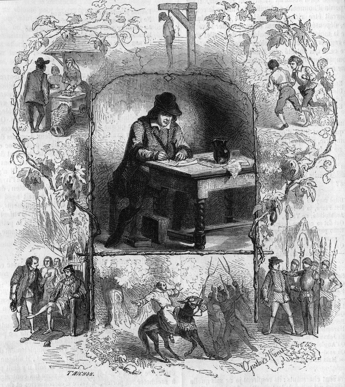 The poet Francois Villon (1431-1463) writing his will surrounds in different episodes of his life. Engraving by Gustave Janet av Gustave Janet
