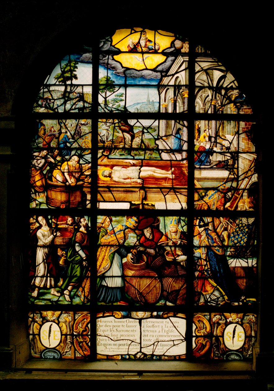 Saint-Etienne du Mont kirke, vindusglass som viser den døde Kristus (farget glass) av Gustave Le Gray