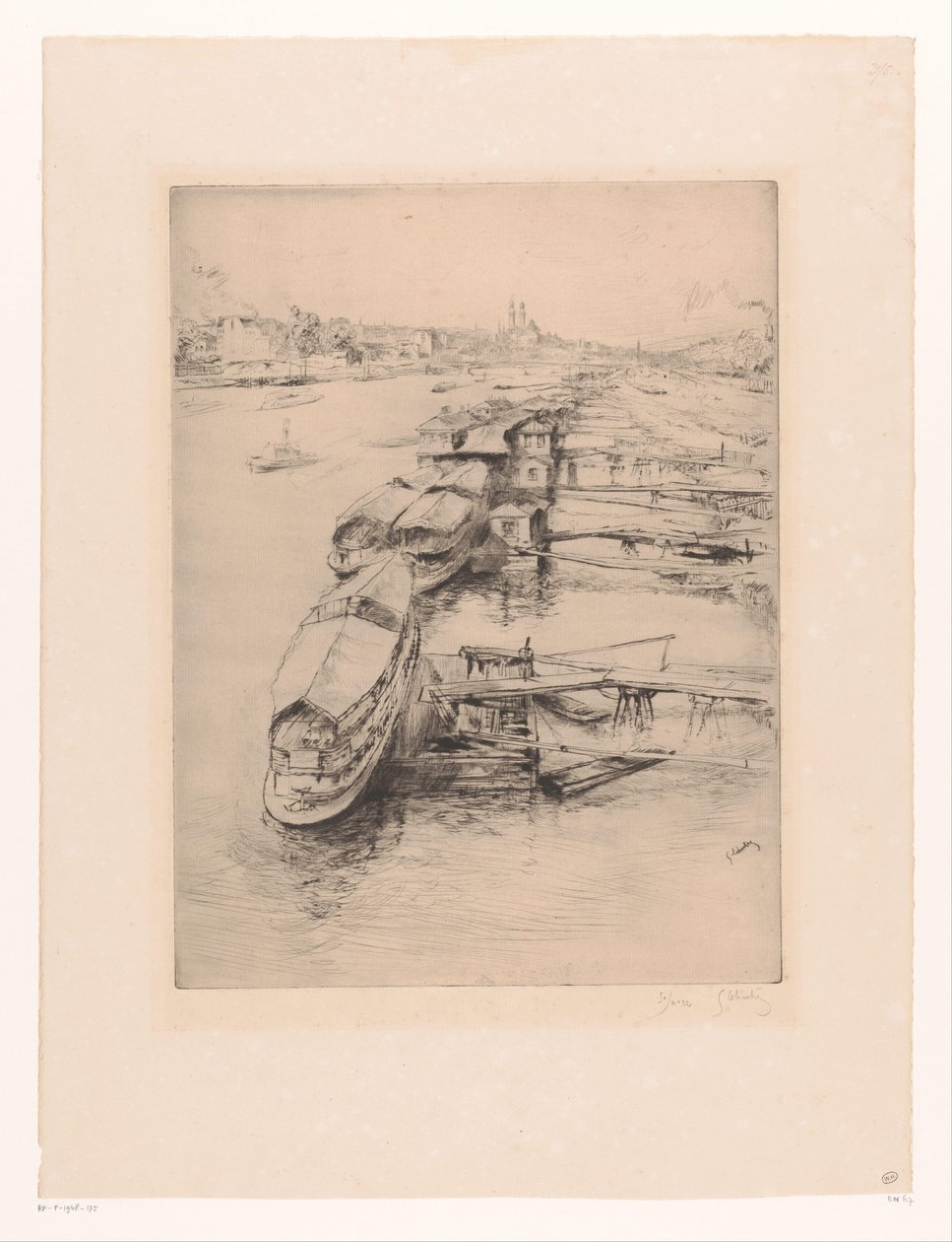 Fortøyde båter i Auteuil, Paris Les bateaux Parisiens, Auteuil av Gustave Leheutre (signed by artist)
