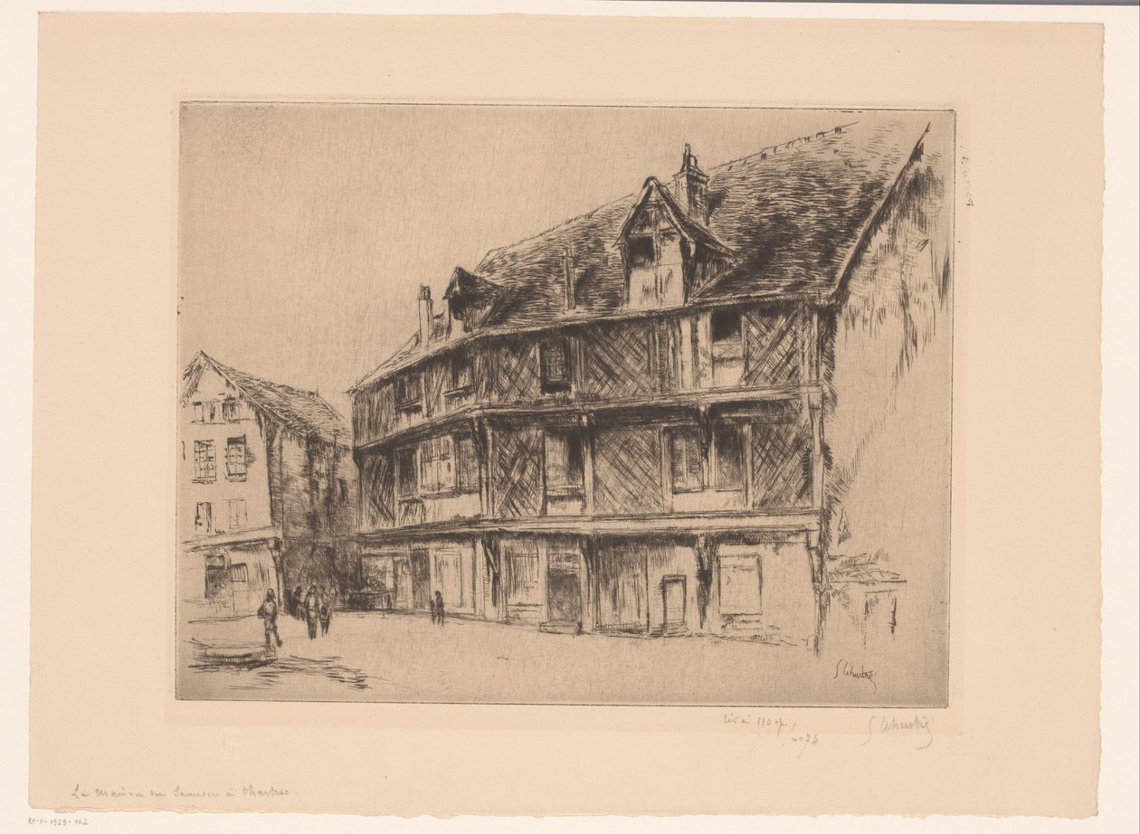Gate med hus og turgåere i Chartres La maison du saumon (Chartres) (tittel på objekt) av Gustave Leheutre (signed by artist)