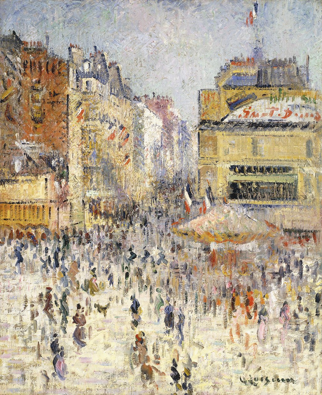Bastilledagen på Rue de Clignancourt, Paris; Fjortende juli i Paris, Rue de Clignancourt, av Gustave Loiseau