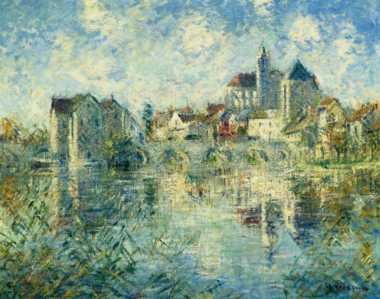 Moret-sur-Loing, broen og kirken; Moret-sur-Loing, broen og kirken, ca. 1935 av Gustave Loiseau
