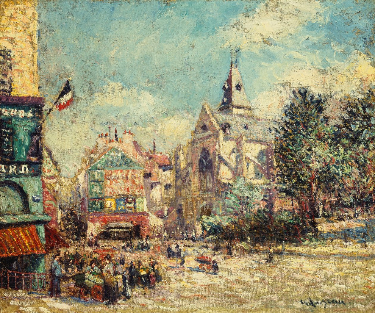 Church of Saint Medard og Mouffetard Road i Paris; Saint-Medard kirke og Rue Mouffetard, Paris, 1903 av Gustave Loiseau