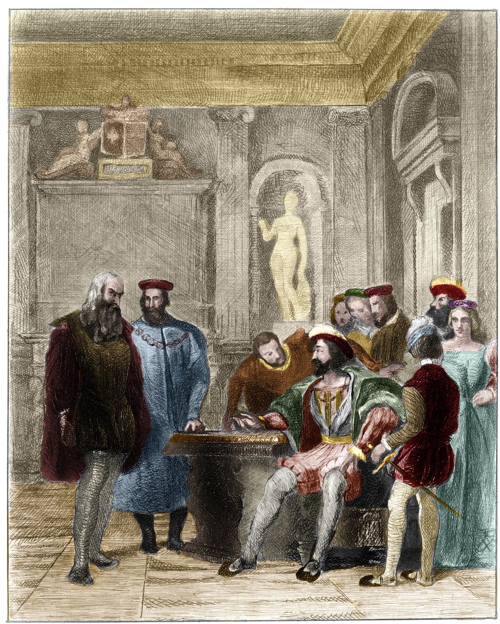 Leonard de Vinci at the court of the king of France Francois 1st (Leonardo da Vinci alla corte del re di Francia Francesco primo).19th century engraving by Gustave Greux. Private collection. av Gustave Marie Greux