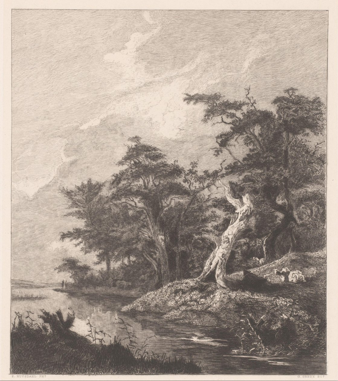 Elvelandskap med en hvilende gjeter ved en trestubbe av Gustave Marie Greux