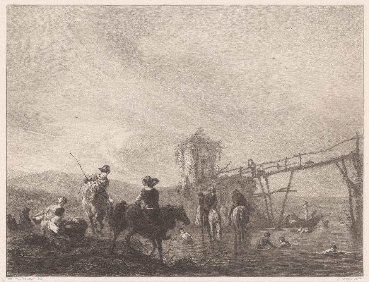 Hviler og svømmer figurer på en bredd Die pferdetränke (tittel på objekt) av Gustave Marie Greux