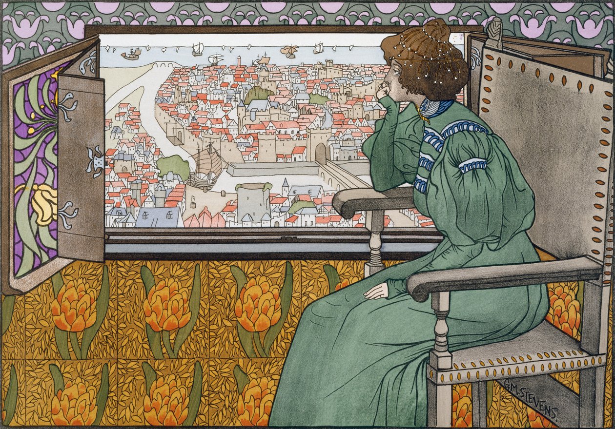 Contemplation, fra 'L'Estampe Moderne', utgitt Paris 1897-99 (farge litho) av Gustave Max Stevens