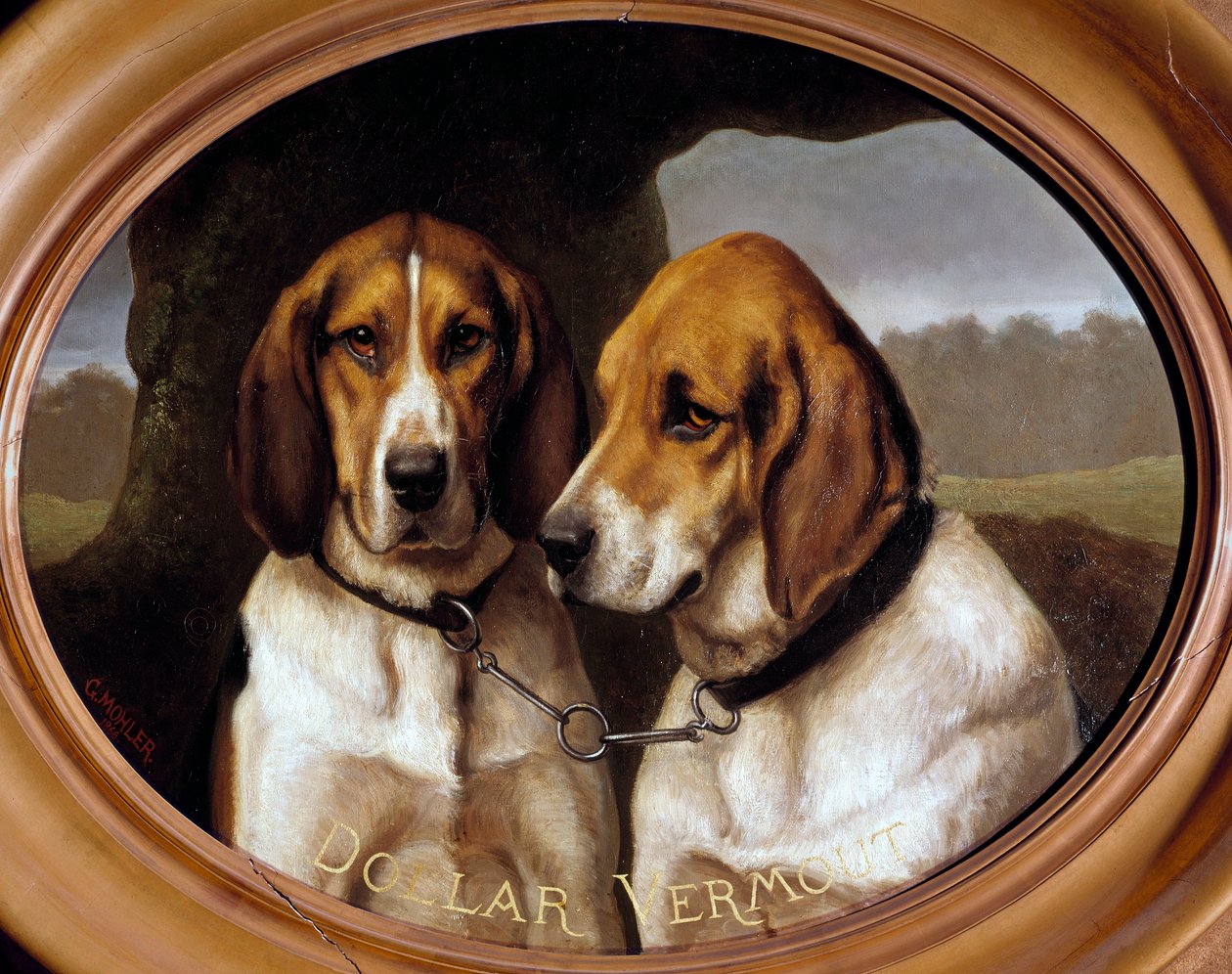 Dogs Dollar og Vermout Portretter av jakthunder. Maleri av Gustave Mohler (1836-1920) 1866 Gien, Jaktmuseet. av Gustave Mohler