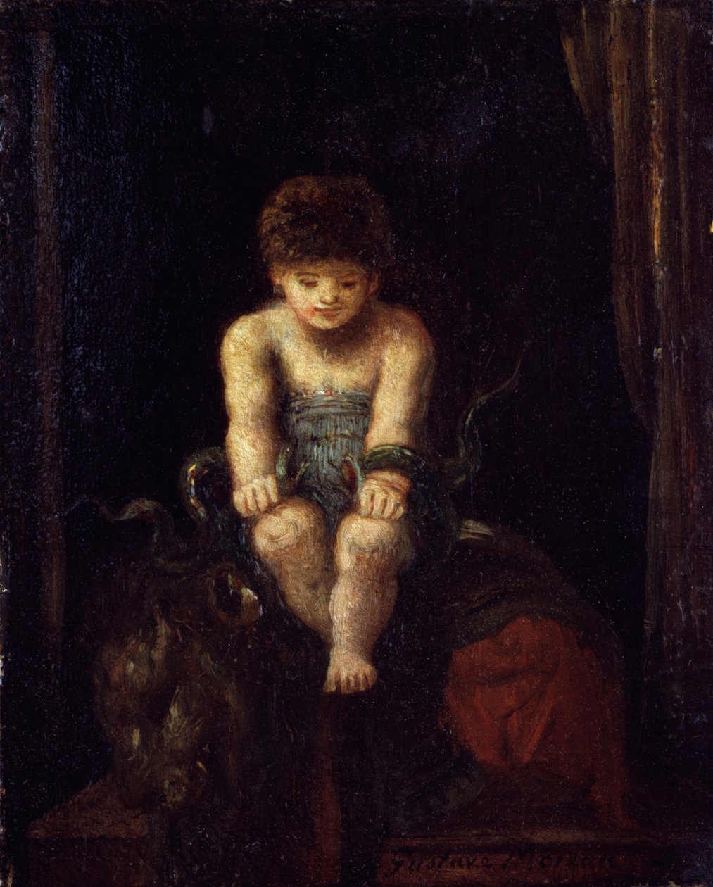 Herkules-barn kveler slangene (olje på tre) av Gustave Moreau