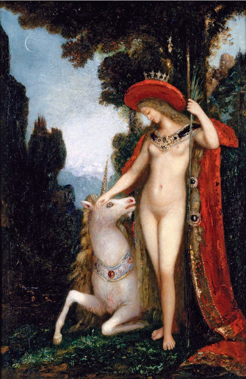 ""Enhjørningen"" Maleri av Gustave Moreau (1826-1898) 1885 Dim 50x34 cm Privat samling av Gustave Moreau
