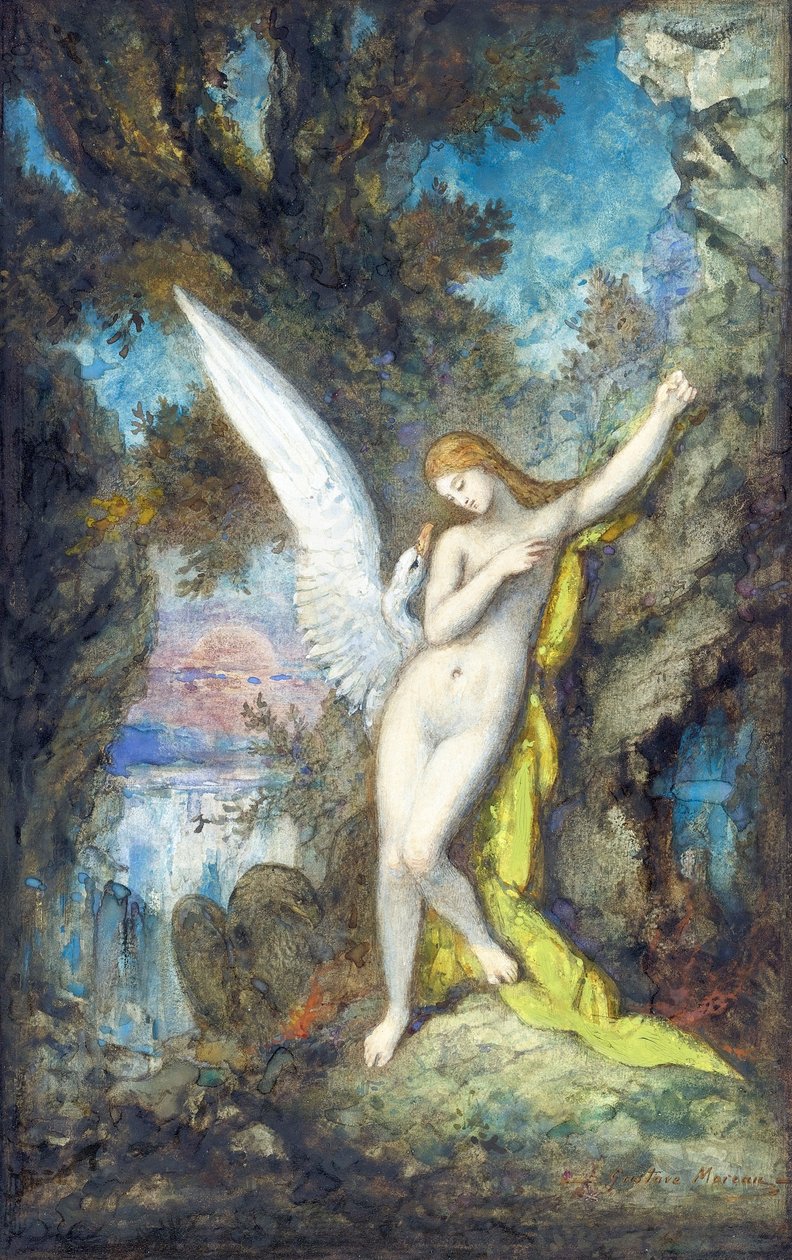 Leda and the Swan par Moreau, Gustave (1826-1898), - Akvarell, Gouache på papir, 34,2x22,2 - Privat samling av Gustave Moreau