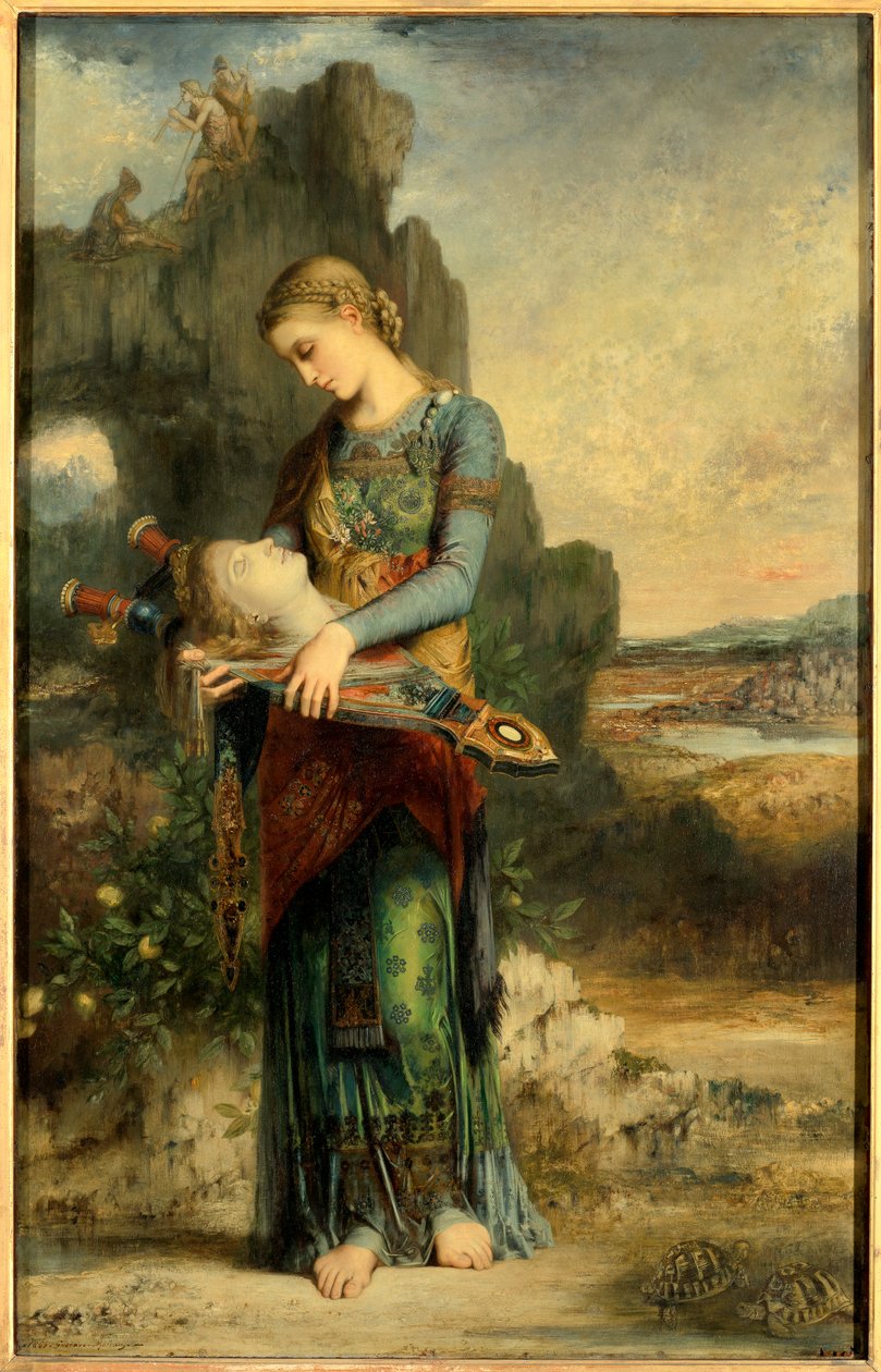 Orphee En thrakisk jente bærer Orphees hode. Maleri av Gustave Moreau (1826-1898). 1865, olje på tre, Dim. 1,54x0,99 m Paris, Musee d