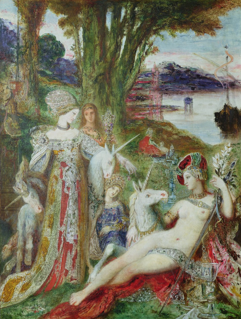The Unicorns (olje på lerret) av Gustave Moreau