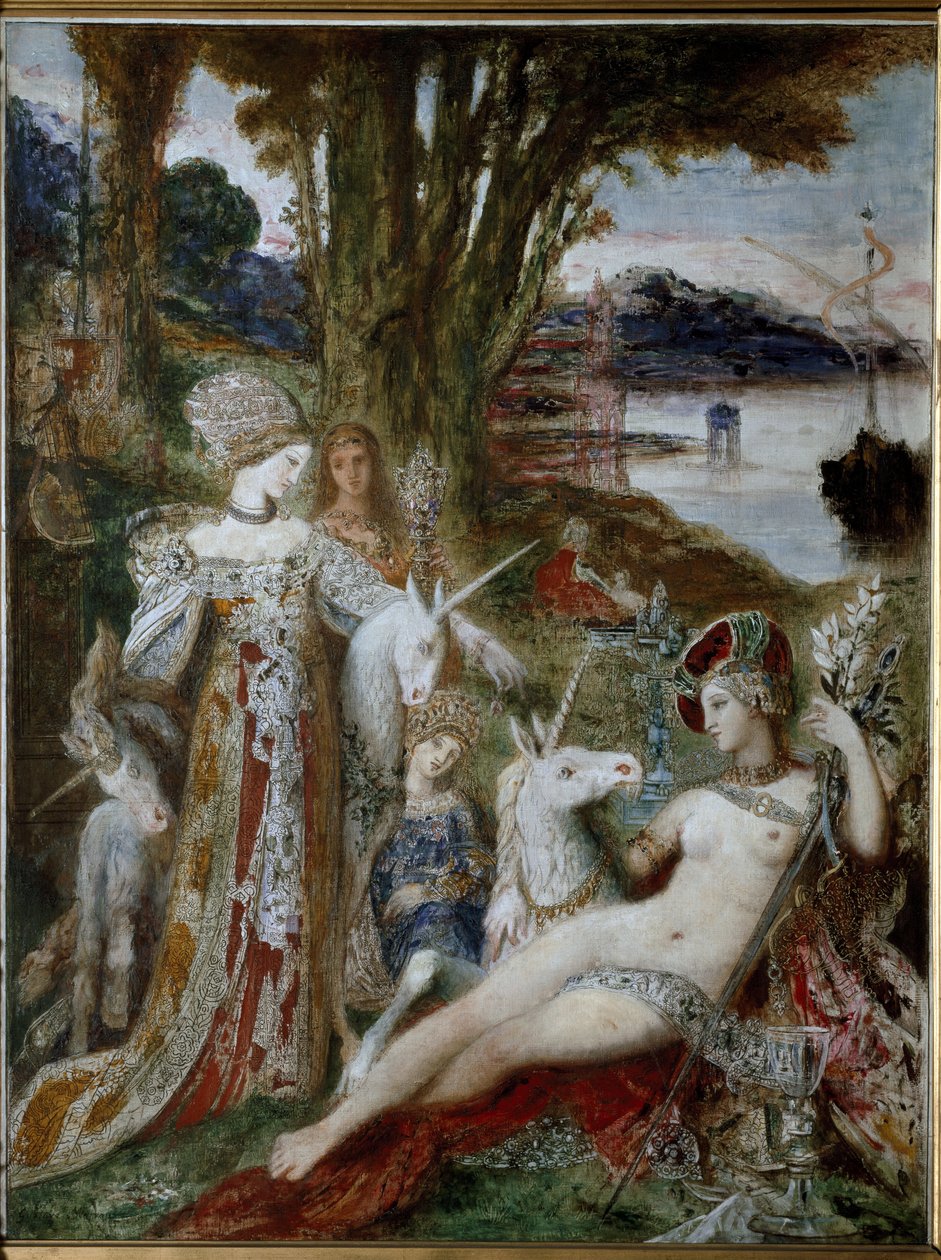 The Unicorns - Olje på lerret, ca 1885 av Gustave Moreau