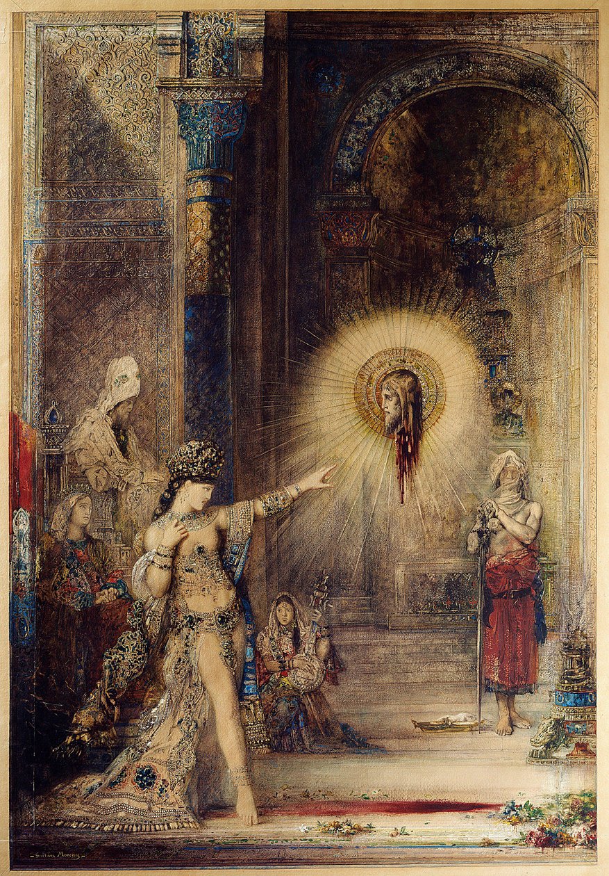 Utseendet La tete decollee av Jean Baptiste dukker opp foran danseren Salome ved hoffet til Herode I den store (73-4 f.Kr.). Akvarell av Gustave Moreau (1826-1898) 1876 Søn. 1,06 x 0,72 m. Paris, Musee d