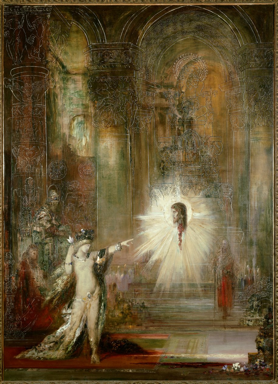 Utseendet. Etter å ha danset i salen til Herodes fest, spør Salome hodet til døperen Johannes. Hun peker fingeren mot hodet til profeten mens Herodiade står bak henne. Maleri av Gustave Moreau av Gustave Moreau
