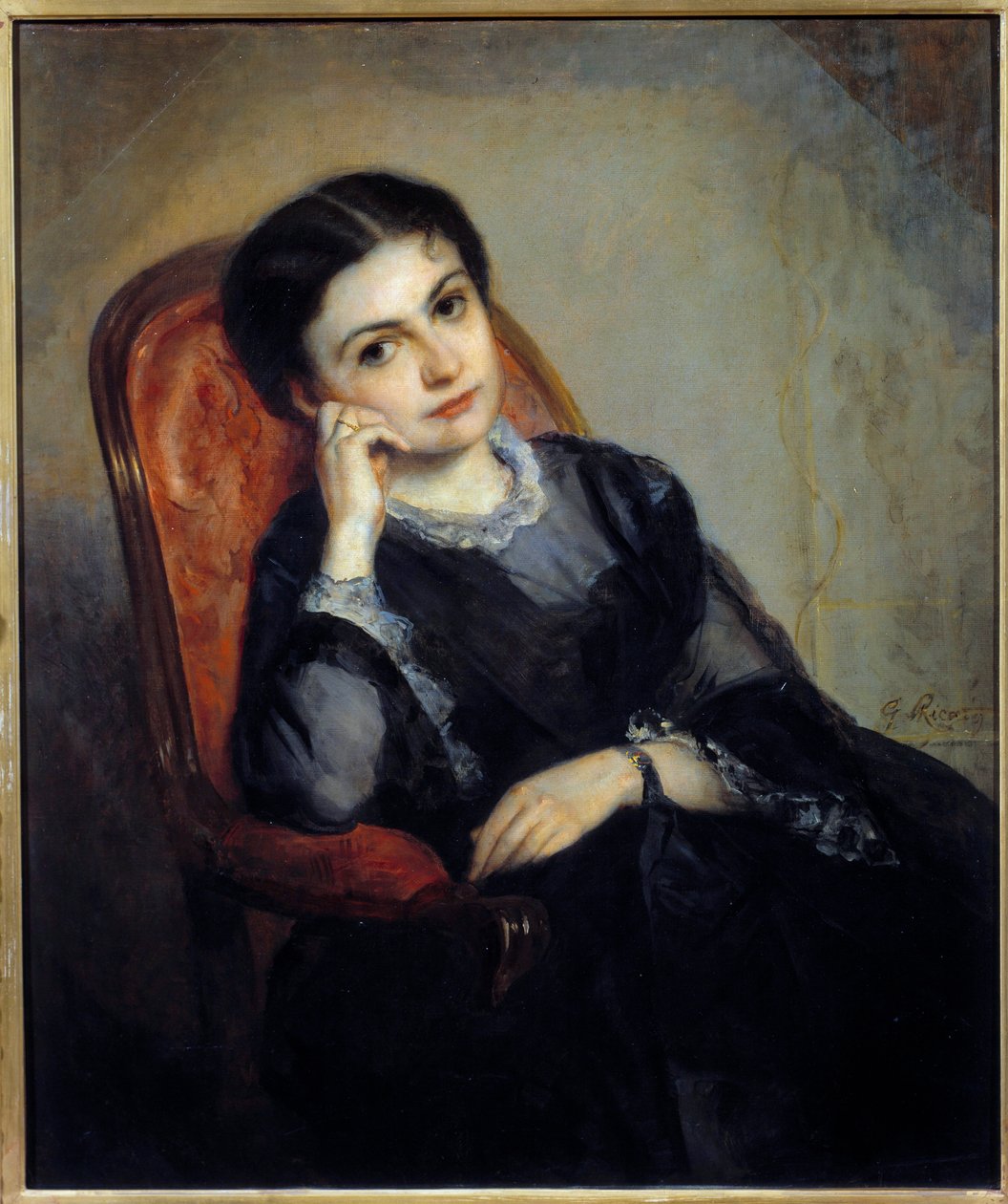 Portrett av Joulia Hogay, Viscount of Calonne, kone til publisisten Alphonse Bernard, Viscount of Calonne. Maleri av Gustave Ricard (1823-1873) Søn fra 1800-tallet. 0,86x0,73 m Paris, musee d