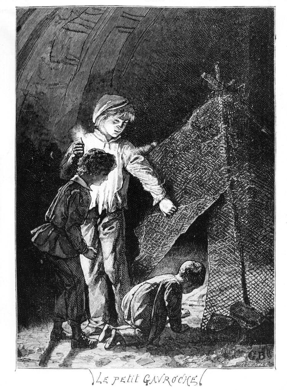Gavroche and His Two Brothers in the Bastille Elephant, illustrasjon fra Les Miserables (1845-62) av Victor Hugo (1802-85), ca. 1885 av Gustave after Brion