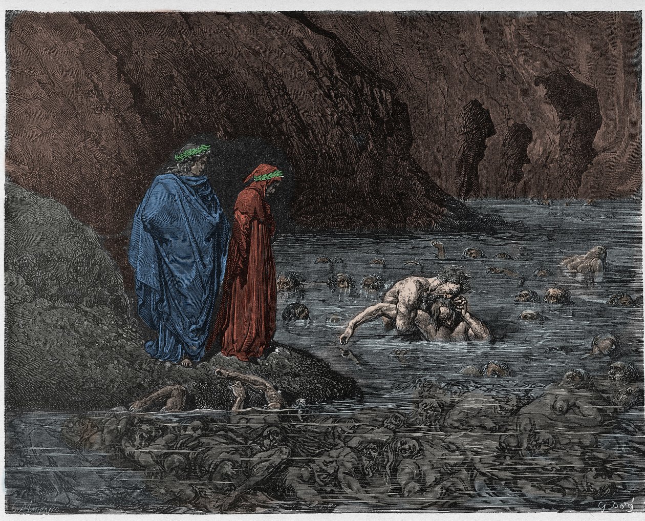 Inferno, Canto 32: Ugolino (Ugolin della Gherardesca) gnager på hodet til erkebiskop Ruggieri (Ruggeri Ubaldini), illustrasjon fra The Divine Comedy av Dante Alighieri, 1885 (digitalt farget og av Gustave after Dore