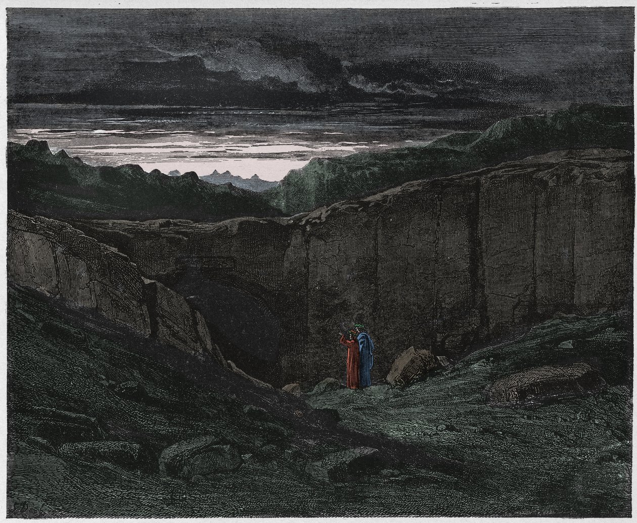 Inferno, Canto 3: Virgil og Dante ved helvetes porter, illustrasjon fra The Divine Comedy av Dante Alighieri, 1885 (digitalt farget gravering) av Gustave after Dore