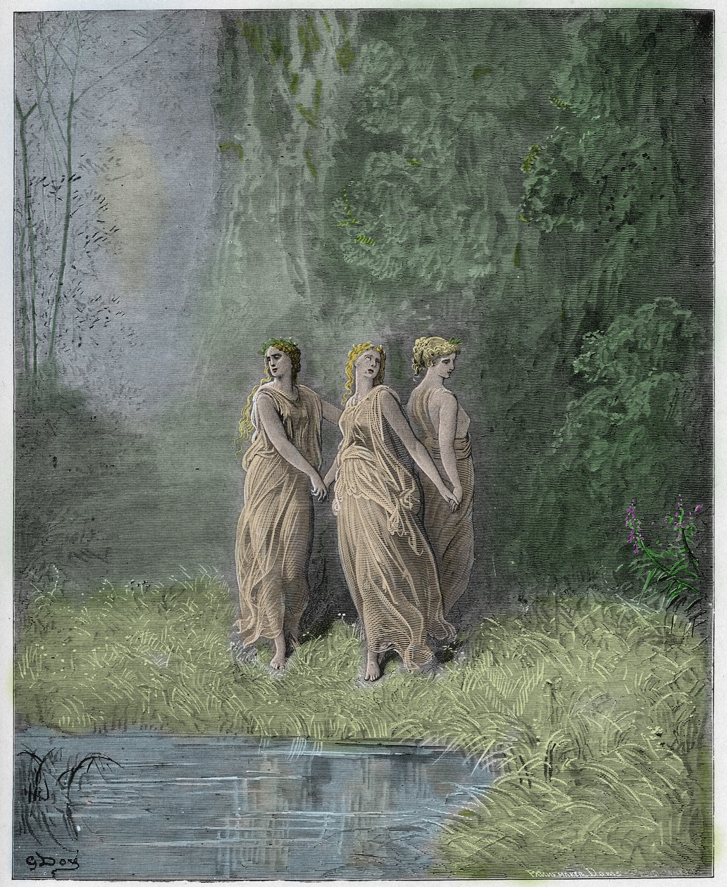 Purgatorio, Canto 29: Charity, Hope, and Faith, illustrasjon fra The Divine Comedy av Dante Alighieri, 1885 (digitalt farget gravering) av Gustave after Dore