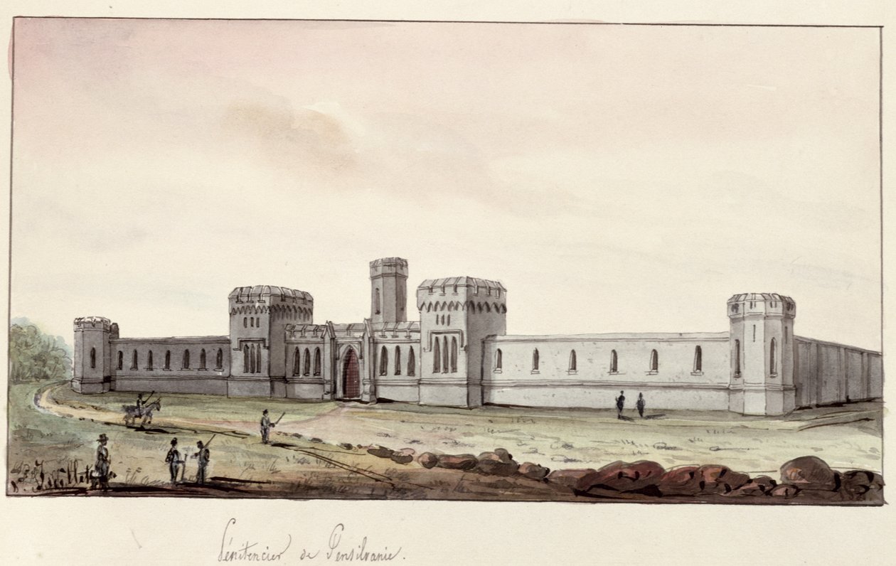 Penitentiary i Pennsylvania, 1831 (penn og blekk og wc på papir) av Gustave de Beaumont