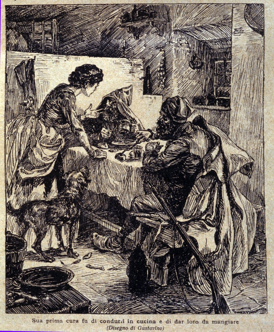 Hans første bekymring var å kjøre dem til kjøkkenet og mate dem... Illustrasjon av den nye "" Colomba"" skrevet av Prosper Merimee. Gravering av Gustavino (Gustavo Rosso) (1881-1950), ca. 1915 av Gustavo Gustavino Rosso