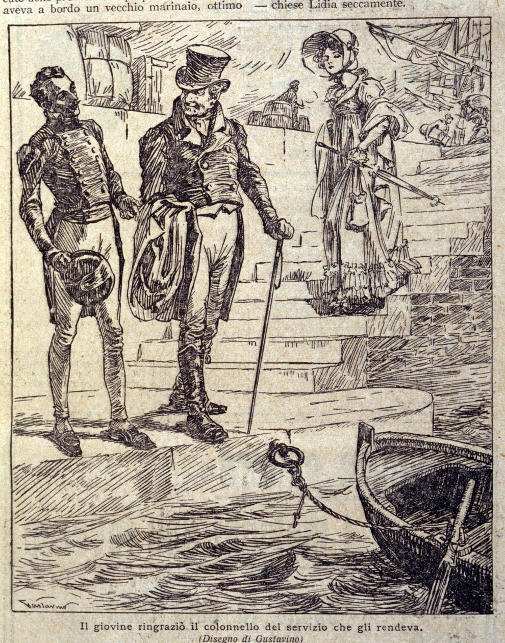 den unge mannen takket obersten for hans tjeneste... Illustrasjon av den nye "" Colomba"" skrevet av Prosper Merimee. Gravering av Gustavino (Gustavo Rosso) (1881-1950), ca. 1915 av Gustavo Gustavino Rosso
