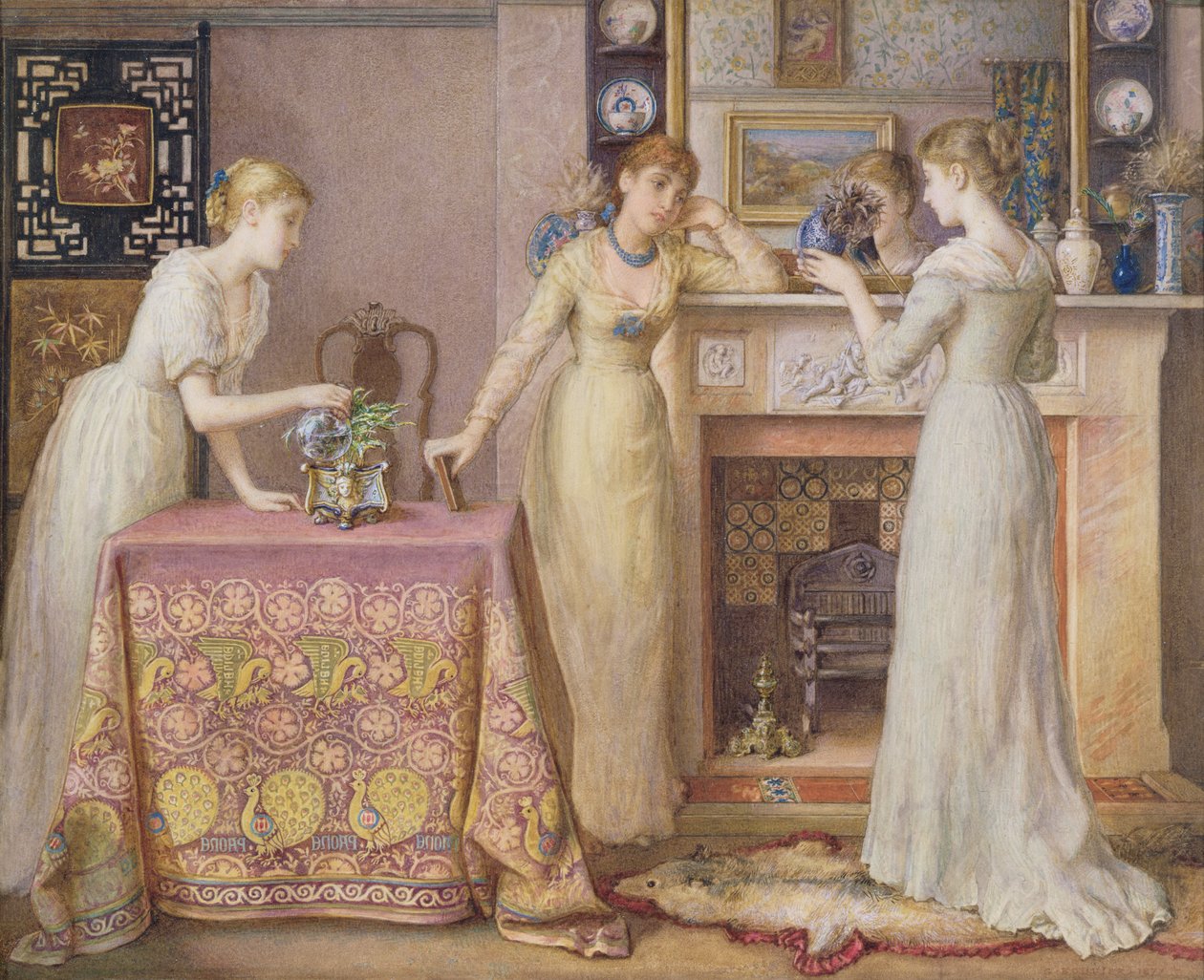 Three Sisters, an Arts & Crafts Estetic Interiør, 1877 (wc på papir) av Gustavus Arthur Bouvier