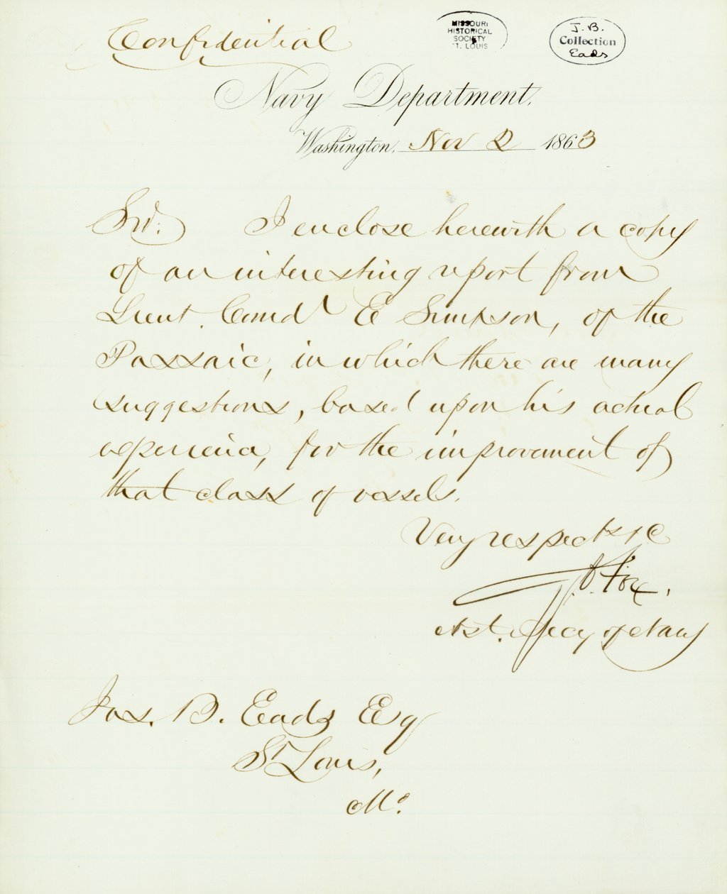 Brev signert G.V. Fox, Navy Department, Washington, til Jas. B. Eads [James B. Eads], St. Louis, Mo., 2. november 1863 av Gustavus Vasa Fox