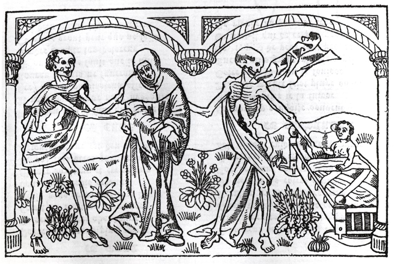 Døden tar tiggeren og barnet, fra Danse Macabre, publisert Paris, 1485 av Guy Marchant