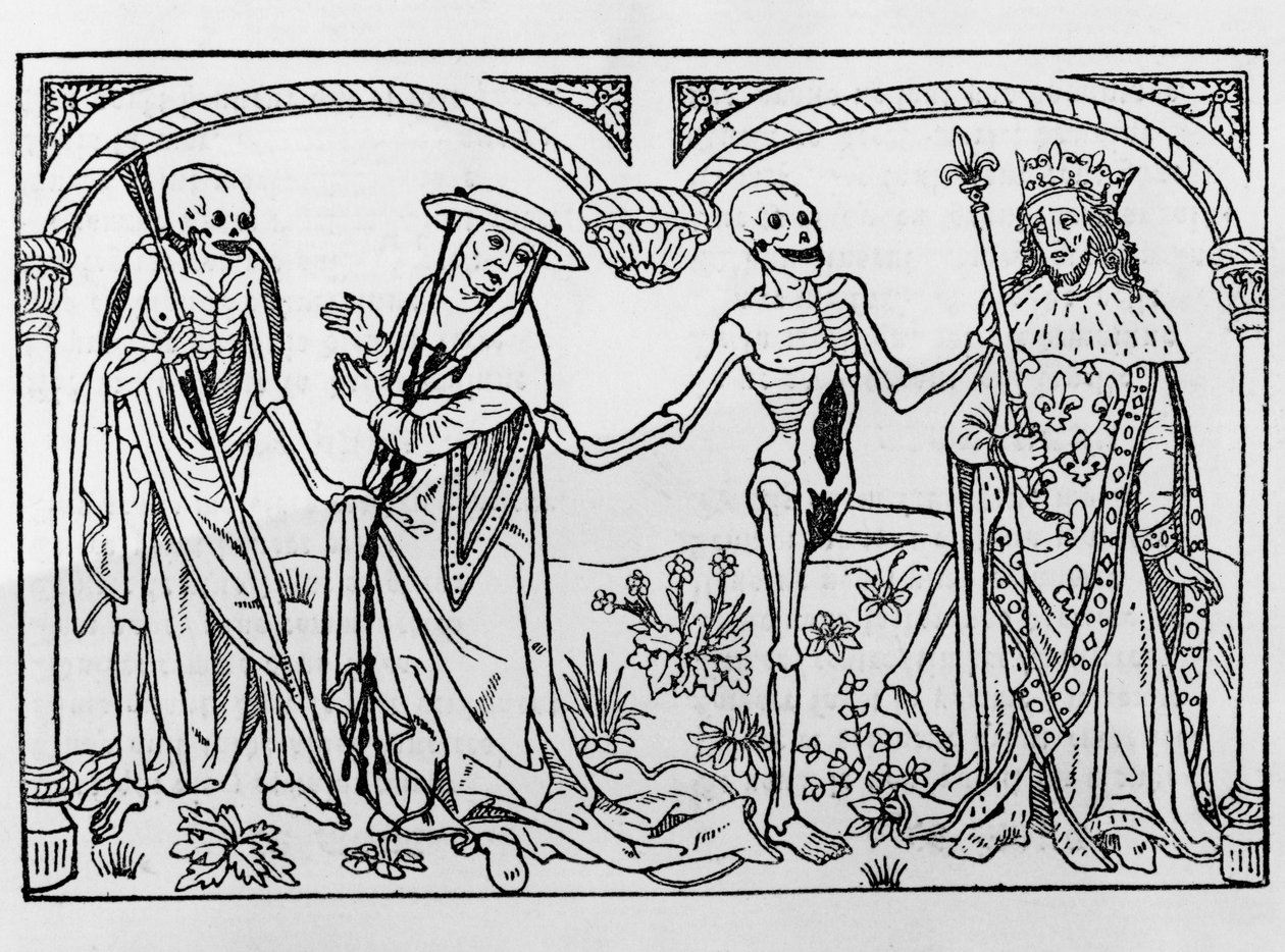 Døden tar kardinalen og kongen, fra Danse Macabre, publiserte Paris, 1485 av Guy Marchant