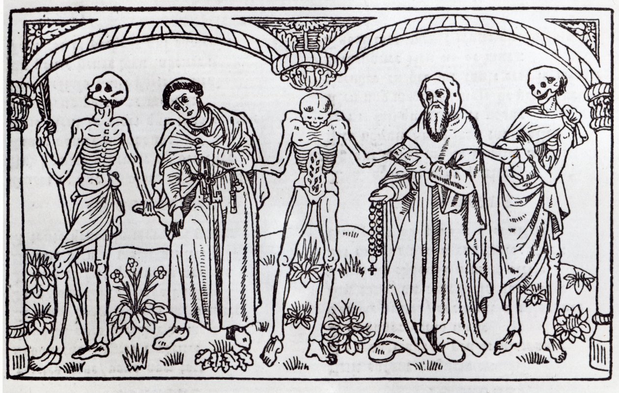 Døden tar munken og abbeden, fra Danse Macabre, publiserte Paris, 1485 av Guy Marchant