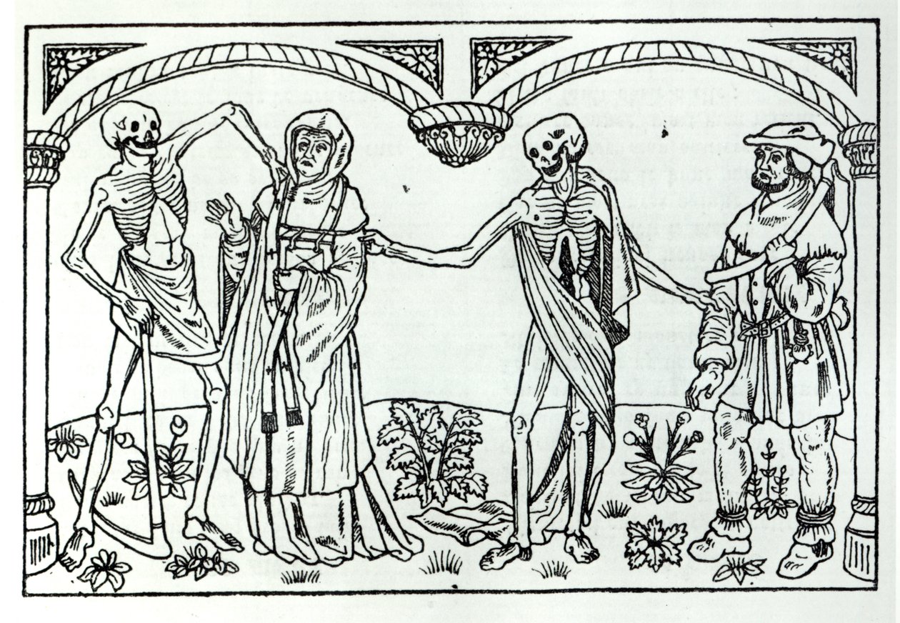 Døden tar presten og bonden, fra Danse Macabre, publisert Paris, 1485 av Guy Marchant