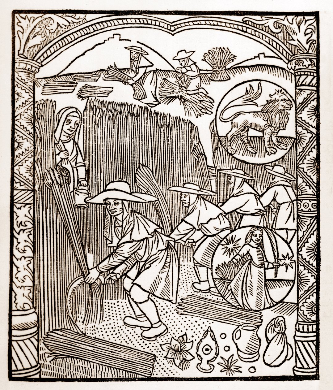 Hyrdekalender - Månedens arbeid - August - Tresnitt fra boken fra 1496 trykket av Guy Marchant (Guido Mercator) i Troyes - Tregravering i "Le grand Calendrier et compost des shepherds" - av Guy Marchant